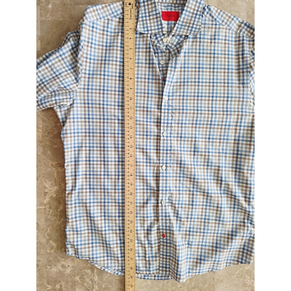 Isaia Napoli Mens 16.5 42 Blue Brown Check Cotton Button Down Shirt‎ Made Italy - Picture 8 of 11